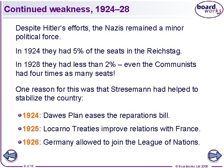 Continued weakness, 1924– 28 Despite Hitler’s efforts, the Nazis remained a minor political force.