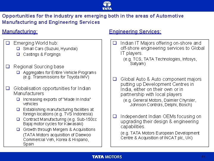 Opportunities for the industry are emerging both in the areas of Automotive Manufacturing and
