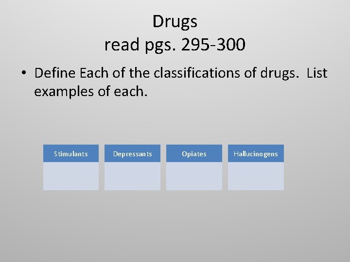 Drugs read pgs. 295 -300 • Define Each of the classifications of drugs. List