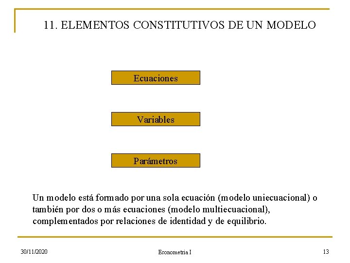 11. ELEMENTOS CONSTITUTIVOS DE UN MODELO Ecuaciones Variables Parámetros Un modelo está formado por