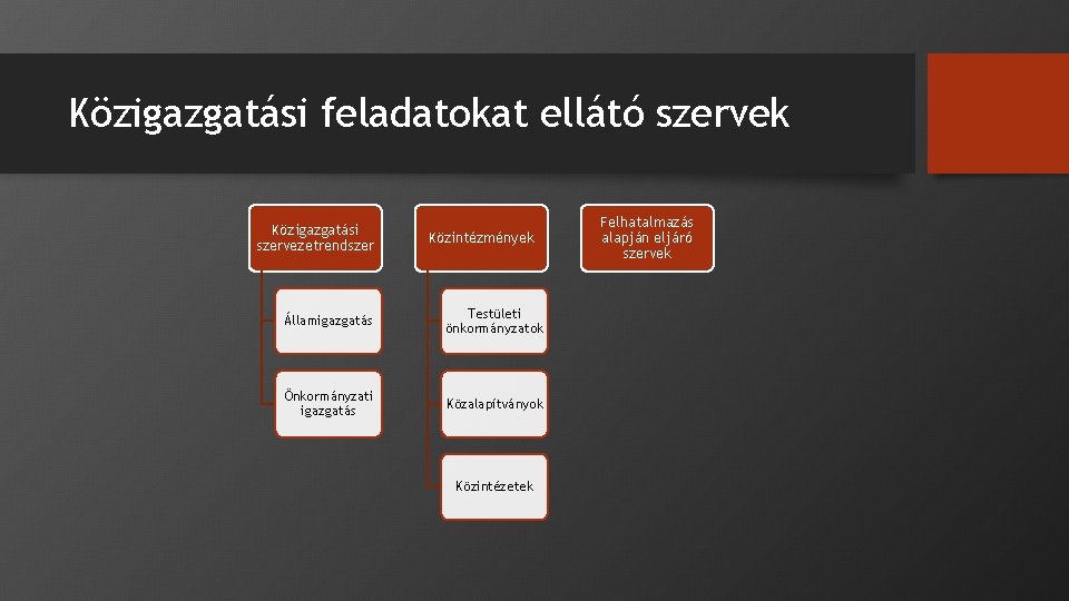 Közigazgatási feladatokat ellátó szervek Közigazgatási szervezetrendszer Közintézmények Államigazgatás Testületi önkormányzatok Önkormányzati igazgatás Közalapítványok Közintézetek