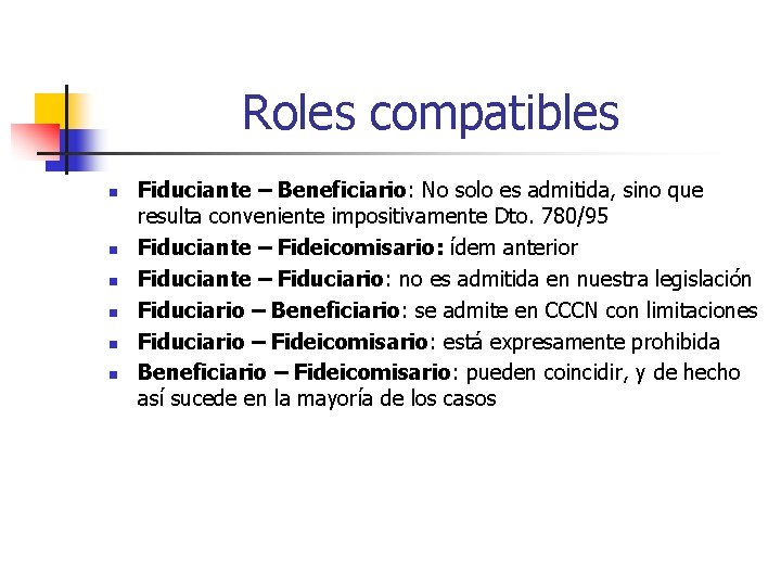 Roles compatibles n n n Fiduciante – Beneficiario: No solo es admitida, sino que