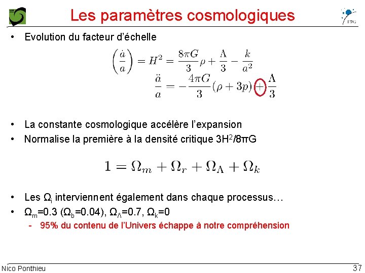 Les paramètres cosmologiques • Evolution du facteur d’échelle • La constante cosmologique accélère l’expansion