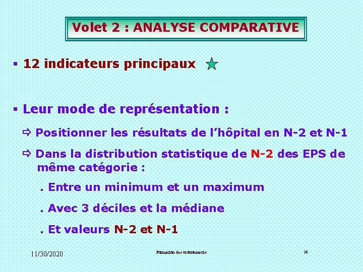 Volet 2 : ANALYSE COMPARATIVE § 12 indicateurs principaux § Leur mode de représentation Volet 2 : ANALYSE COMPARATIVE § 12 indicateurs principaux § Leur mode de représentation