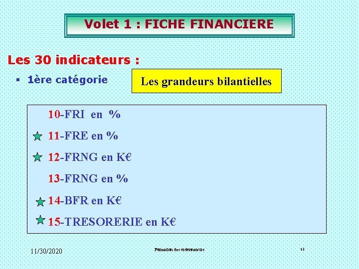 Volet 1 : FICHE FINANCIERE Les 30 indicateurs : § 1ère catégorie Les grandeurs Volet 1 : FICHE FINANCIERE Les 30 indicateurs : § 1ère catégorie Les grandeurs