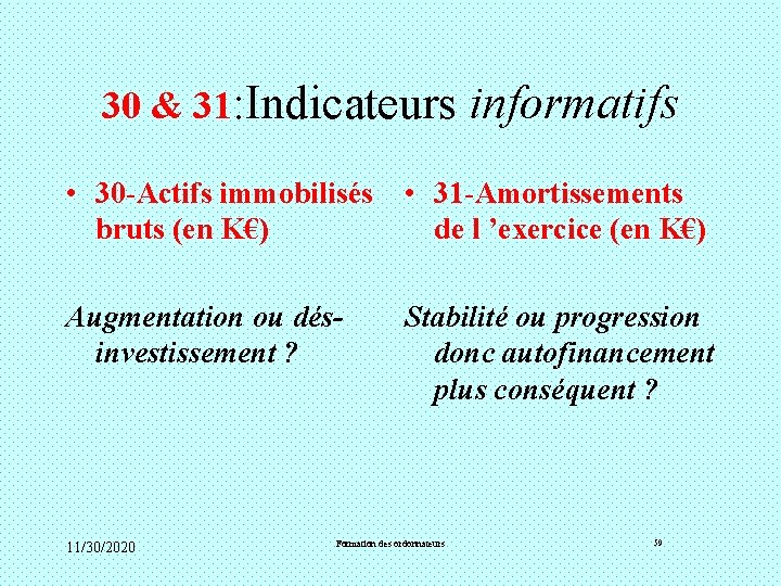 30 & 31: Indicateurs informatifs • 30 -Actifs immobilisés • 31 -Amortissements bruts (en 30 & 31: Indicateurs informatifs • 30 -Actifs immobilisés • 31 -Amortissements bruts (en