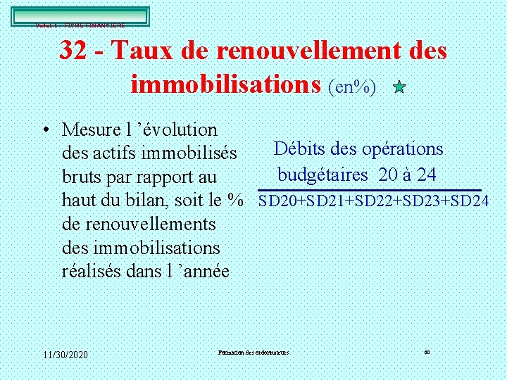Volet 1 : FICHE FINANCIERE 32 - Taux de renouvellement des immobilisations (en%) • Volet 1 : FICHE FINANCIERE 32 - Taux de renouvellement des immobilisations (en%) •