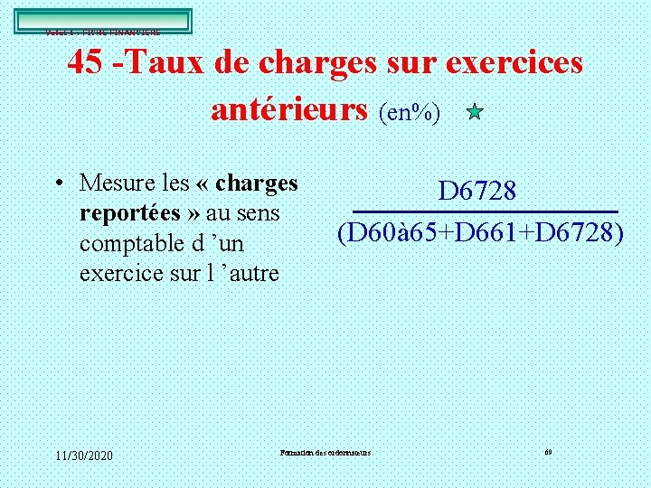 Volet 1 : FICHE FINANCIERE 45 -Taux de charges sur exercices antérieurs (en%) • Volet 1 : FICHE FINANCIERE 45 -Taux de charges sur exercices antérieurs (en%) •