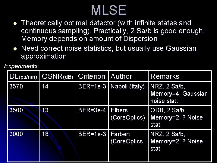 MLSE l l Theoretically optimal detector (with infinite states and continuous sampling). Practically, 2 MLSE l l Theoretically optimal detector (with infinite states and continuous sampling). Practically, 2
