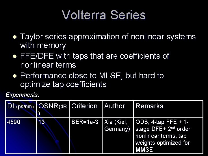 Volterra Series l l l Taylor series approximation of nonlinear systems with memory FFE/DFE Volterra Series l l l Taylor series approximation of nonlinear systems with memory FFE/DFE