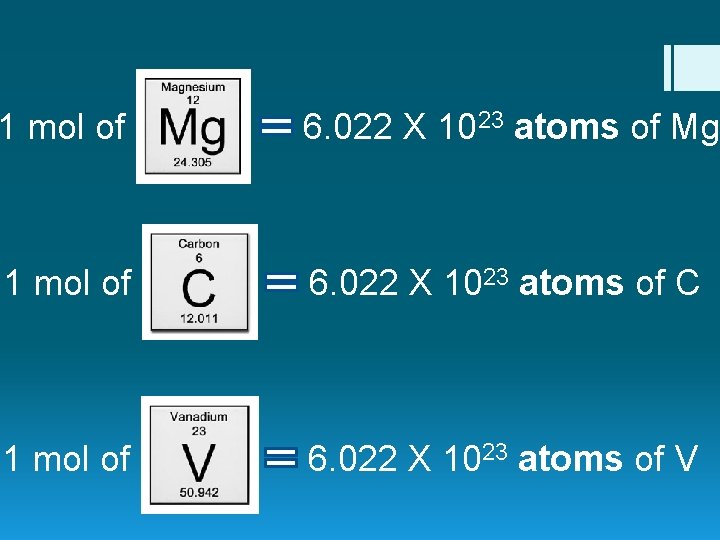 1 mol of 6. 022 X 1023 atoms of Mg 1 mol of 6.