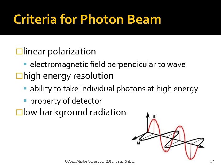 Criteria for Photon Beam �linear polarization electromagnetic field perpendicular to wave �high energy resolution