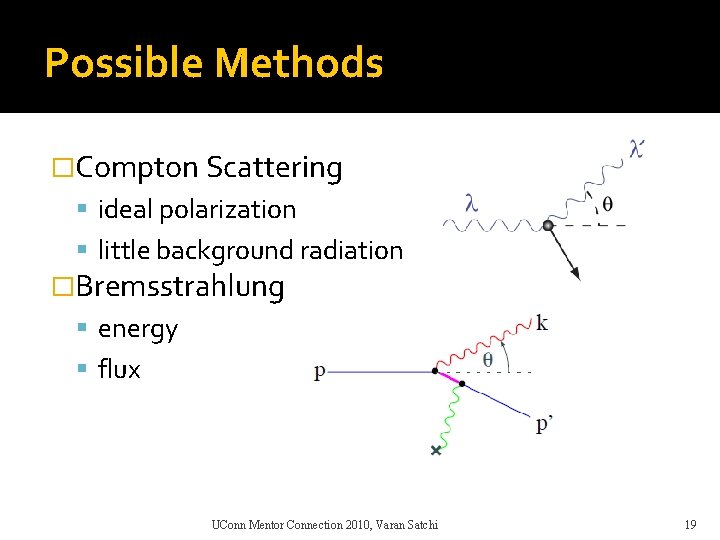 Possible Methods �Compton Scattering ideal polarization little background radiation �Bremsstrahlung energy flux UConn Mentor