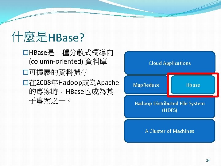 什麼是HBase? �HBase是一種分散式欄導向 (column-oriented) 資料庫 �可擴展的資料儲存 �在 2008年Hadoop成為Apache 的專案時，HBase也成為其 子專案之一。 Cloud Applications Map. Reduce Hbase