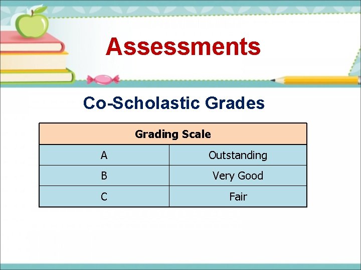 Assessments Co-Scholastic Grades Grading Scale A Outstanding B Very Good C Fair 