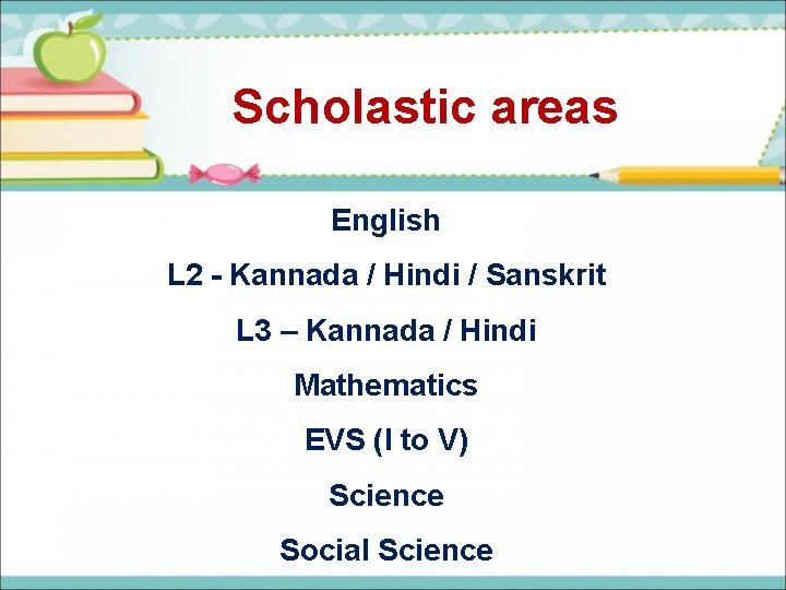 Scholastic areas English L 2 - Kannada / Hindi / Sanskrit L 3 –