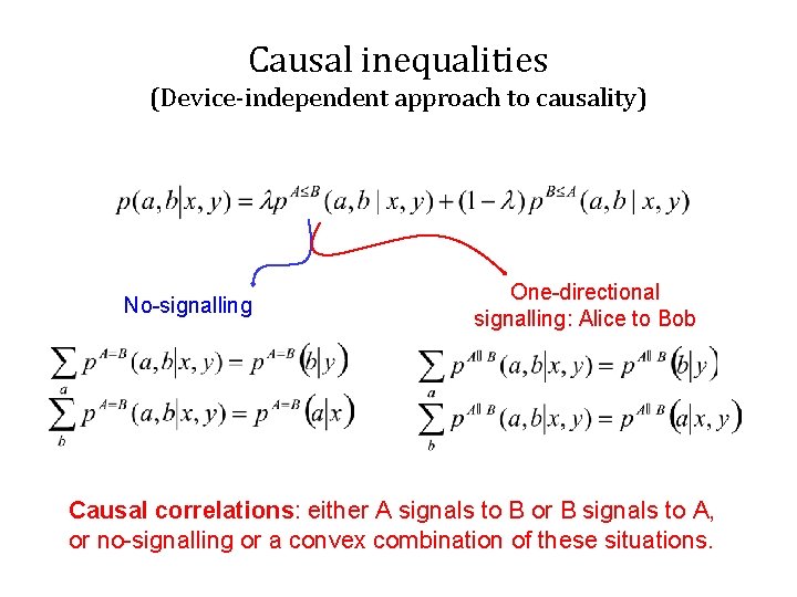 Causal inequalities (Device-independent approach to causality) No-signalling One-directional signalling: Alice to Bob Causal correlations: