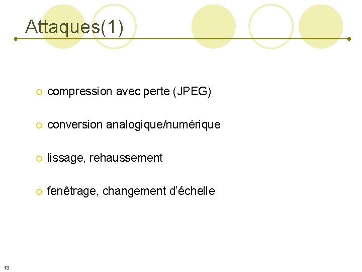 Attaques(1) 13 ¡ compression avec perte (JPEG) ¡ conversion analogique/numérique ¡ lissage, rehaussement ¡