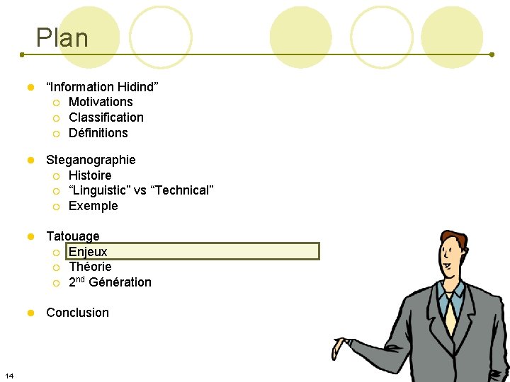 Plan l “Information Hidind” ¡ Motivations ¡ Classification ¡ Définitions 14 l Steganographie ¡