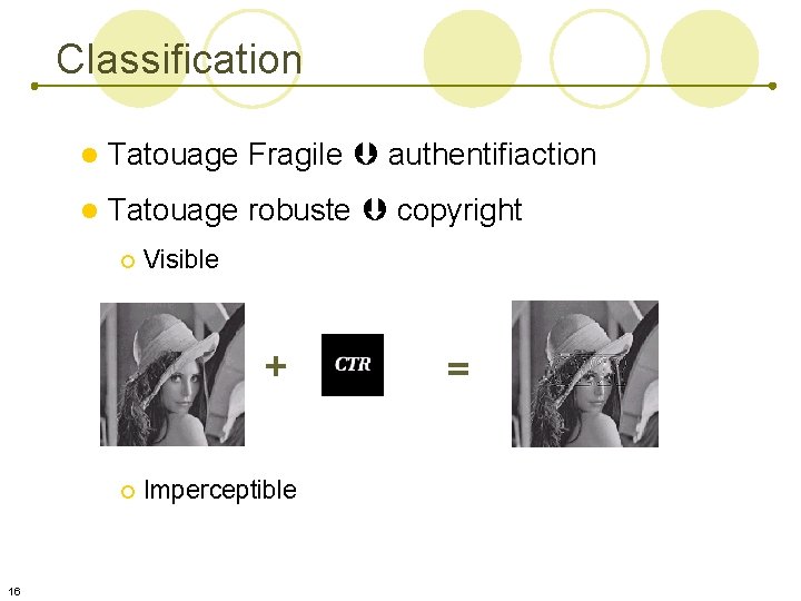 Classification l Tatouage Fragile authentifiaction l Tatouage robuste copyright ¡ Visible + ¡ Imperceptible