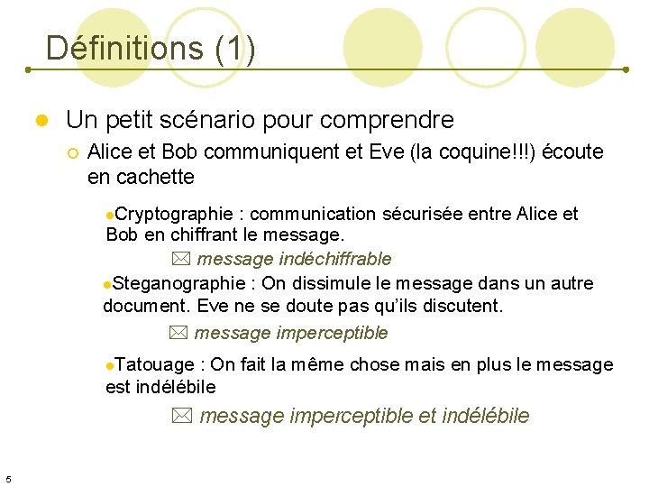 Définitions (1) l Un petit scénario pour comprendre ¡ Alice et Bob communiquent et