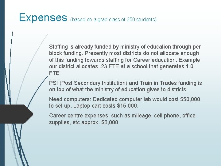 Expenses (based on a grad class of 250 students) Staffing is already funded by Expenses (based on a grad class of 250 students) Staffing is already funded by