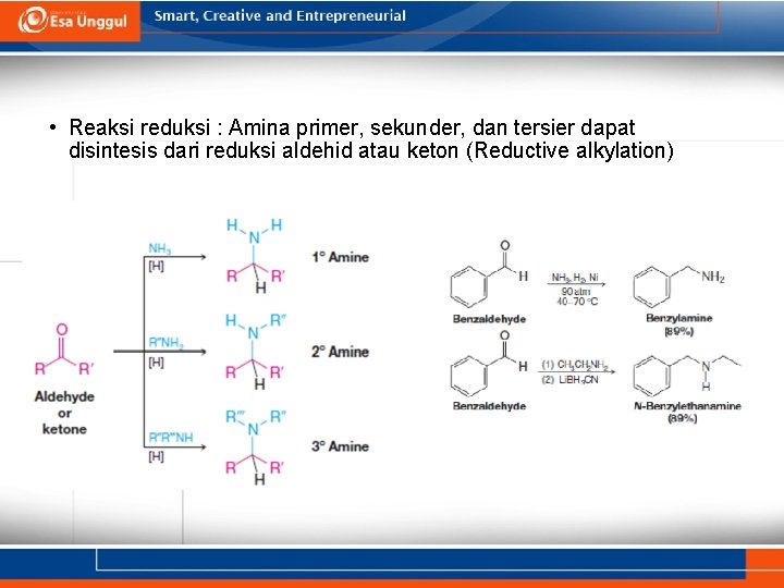  • Reaksi reduksi : Amina primer, sekunder, dan tersier dapat disintesis dari reduksi
