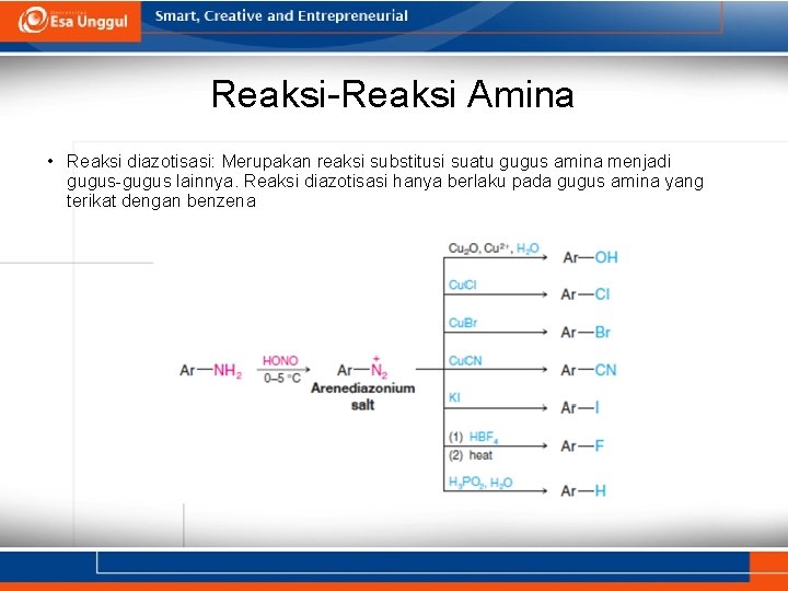 Reaksi-Reaksi Amina • Reaksi diazotisasi: Merupakan reaksi substitusi suatu gugus amina menjadi gugus-gugus lainnya.