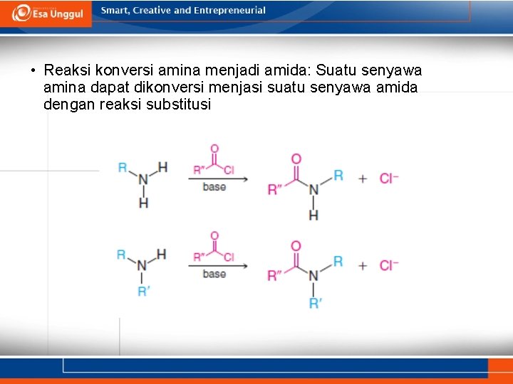  • Reaksi konversi amina menjadi amida: Suatu senyawa amina dapat dikonversi menjasi suatu