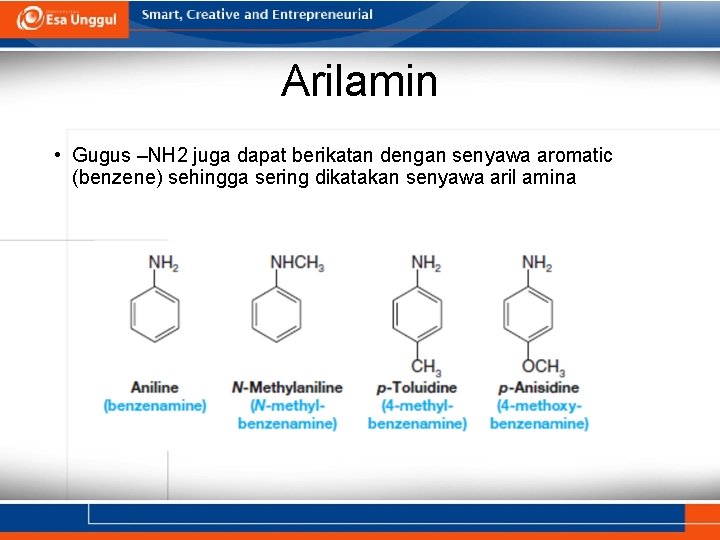 Arilamin • Gugus –NH 2 juga dapat berikatan dengan senyawa aromatic (benzene) sehingga sering