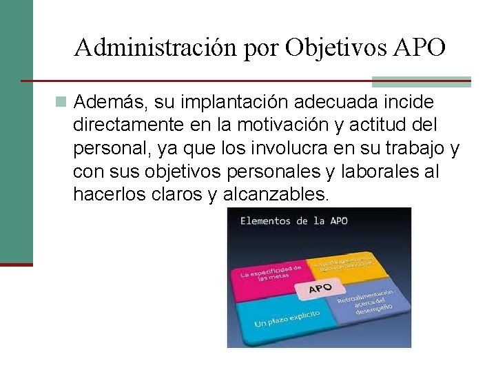 Administración por Objetivos APO n Además, su implantación adecuada incide directamente en la motivación