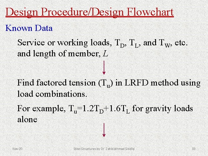 Design Procedure/Design Flowchart Known Data Service or working loads, TD, TL, and TW, etc.