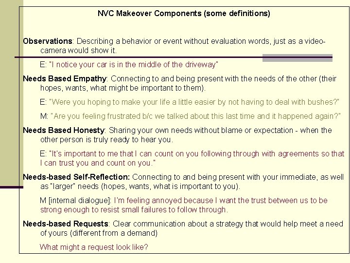 NVC Makeover Components (some definitions) Observations: Describing a behavior or event without evaluation words,