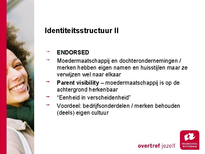 Identiteitsstructuur II ENDORSED Moedermaatschappij en dochterondernemingen / merken hebben eigen namen en huisstijlen maar