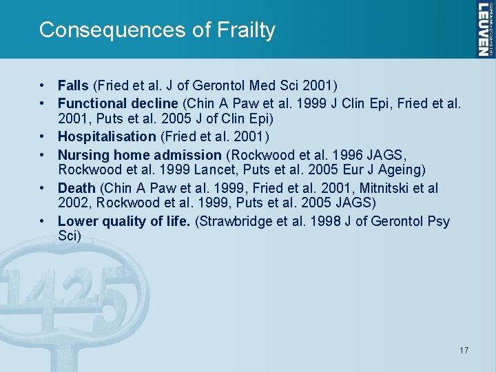Consequences of Frailty • Falls (Fried et al. J of Gerontol Med Sci 2001)