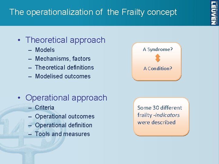 The operationalization of the Frailty concept • Theoretical approach – – Models Mechanisms, factors