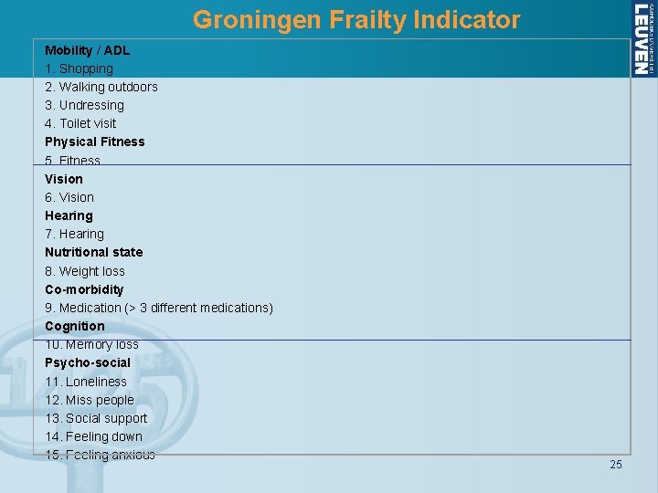 Groningen Frailty Indicator Mobility / ADL 1. Shopping 2. Walking outdoors 3. Undressing 4.