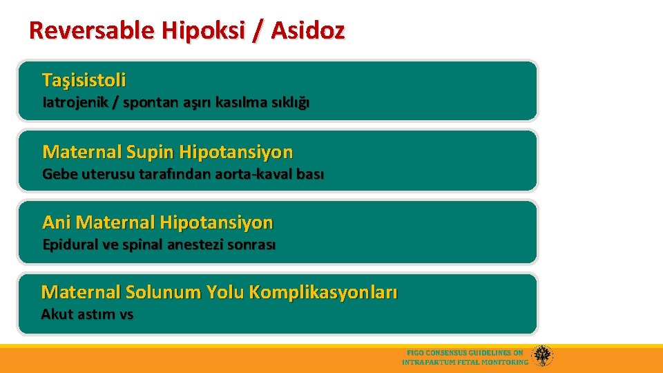 Reversable Hipoksi / Asidoz Taşisistoli Iatrojenik / spontan aşırı kasılma sıklığı Maternal Supin Hipotansiyon