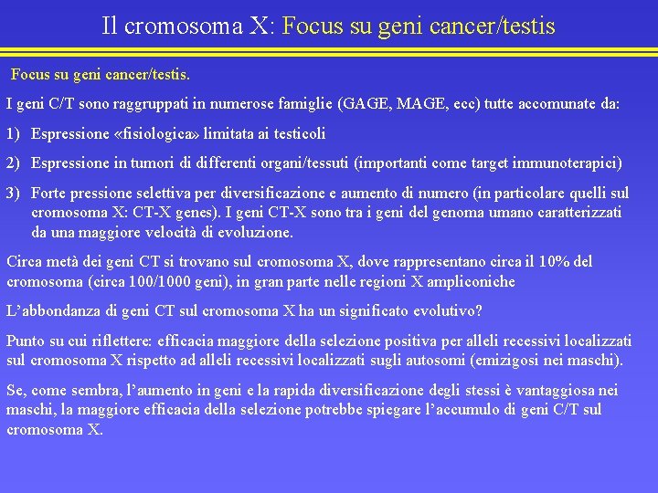 Il cromosoma X: Focus su geni cancer/testis. I geni C/T sono raggruppati in numerose