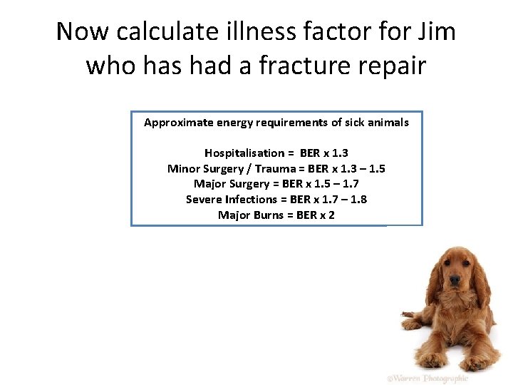 Now calculate illness factor for Jim who has had a fracture repair Approximate energy