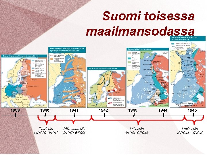 Suomi toisessa maailmansodassa 1939 1940 Talvisota 11/1939– 3/1940 1941 Välirauhan aika 3/1940– 6/1941 1942