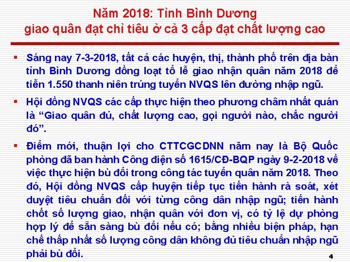 Năm 2018: Tỉnh Bình Dương giao quân đạt chỉ tiêu ở cả 3 cấp