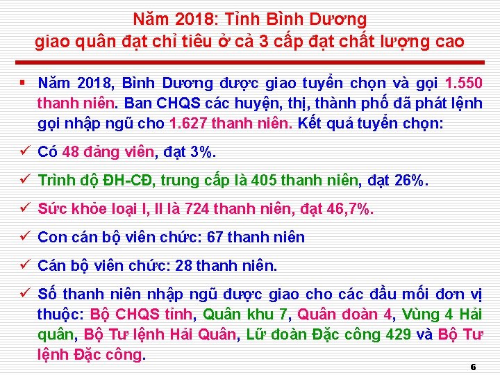 Năm 2018: Tỉnh Bình Dương giao quân đạt chỉ tiêu ở cả 3 cấp