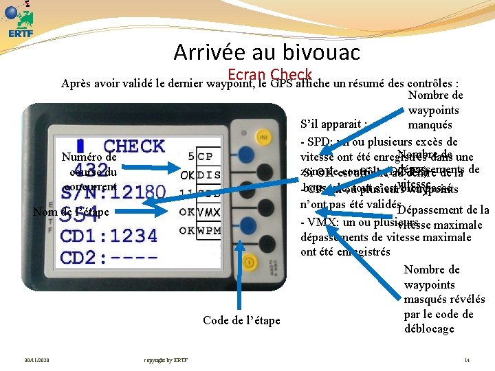 Arrivée au bivouac Ecran Check Après avoir validé le dernier waypoint, le GPS affiche