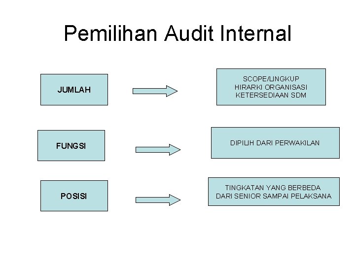 Pemilihan Audit Internal JUMLAH FUNGSI POSISI SCOPE/LINGKUP HIRARKI ORGANISASI KETERSEDIAAN SDM DIPILIH DARI PERWAKILAN