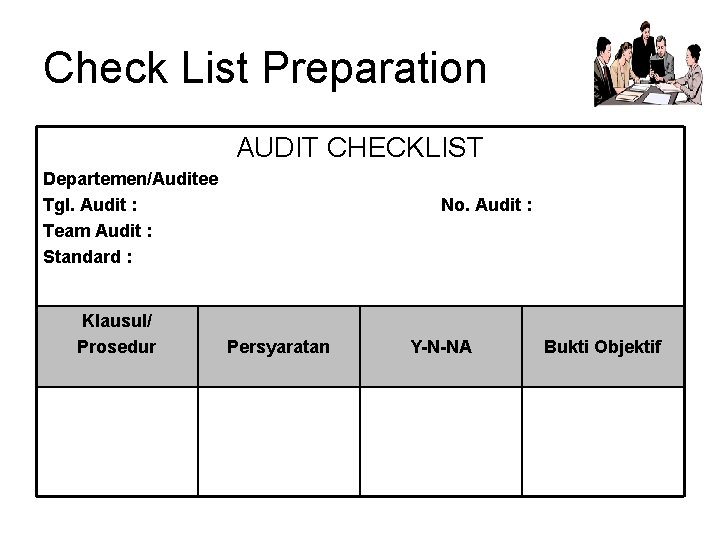 Check List Preparation AUDIT CHECKLIST Departemen/Auditee Tgl. Audit : Team Audit : Standard :