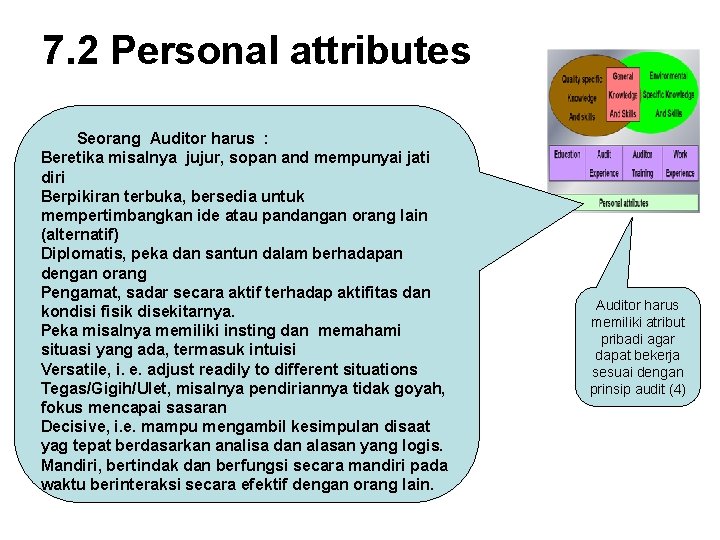 7. 2 Personal attributes Seorang Auditor harus : Beretika misalnya jujur, sopan and mempunyai