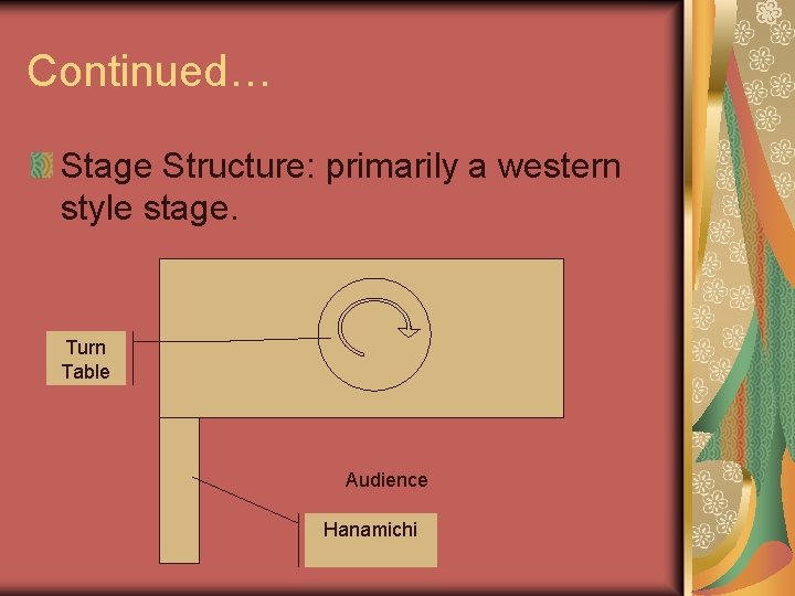 Continued… Stage Structure: primarily a western style stage. Turn Table Audience Hanamichi Continued… Stage Structure: primarily a western style stage. Turn Table Audience Hanamichi