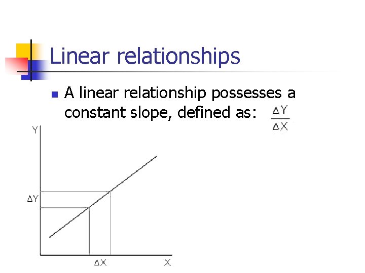 Linear relationships n A linear relationship possesses a constant slope, defined as: 