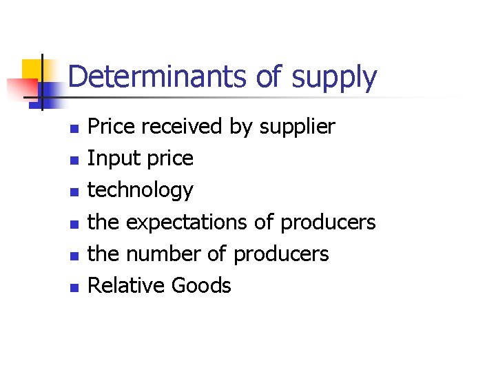 Determinants of supply n n n Price received by supplier Input price technology the